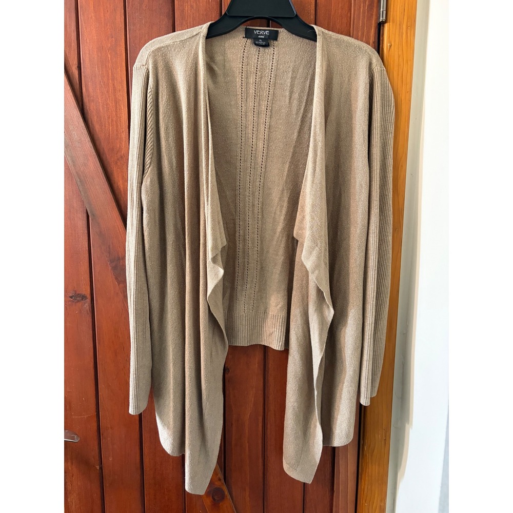 Verve Ami Womens XL Tan Metallic Open Front Waterfall Cardigan‎ Pointelle Knit